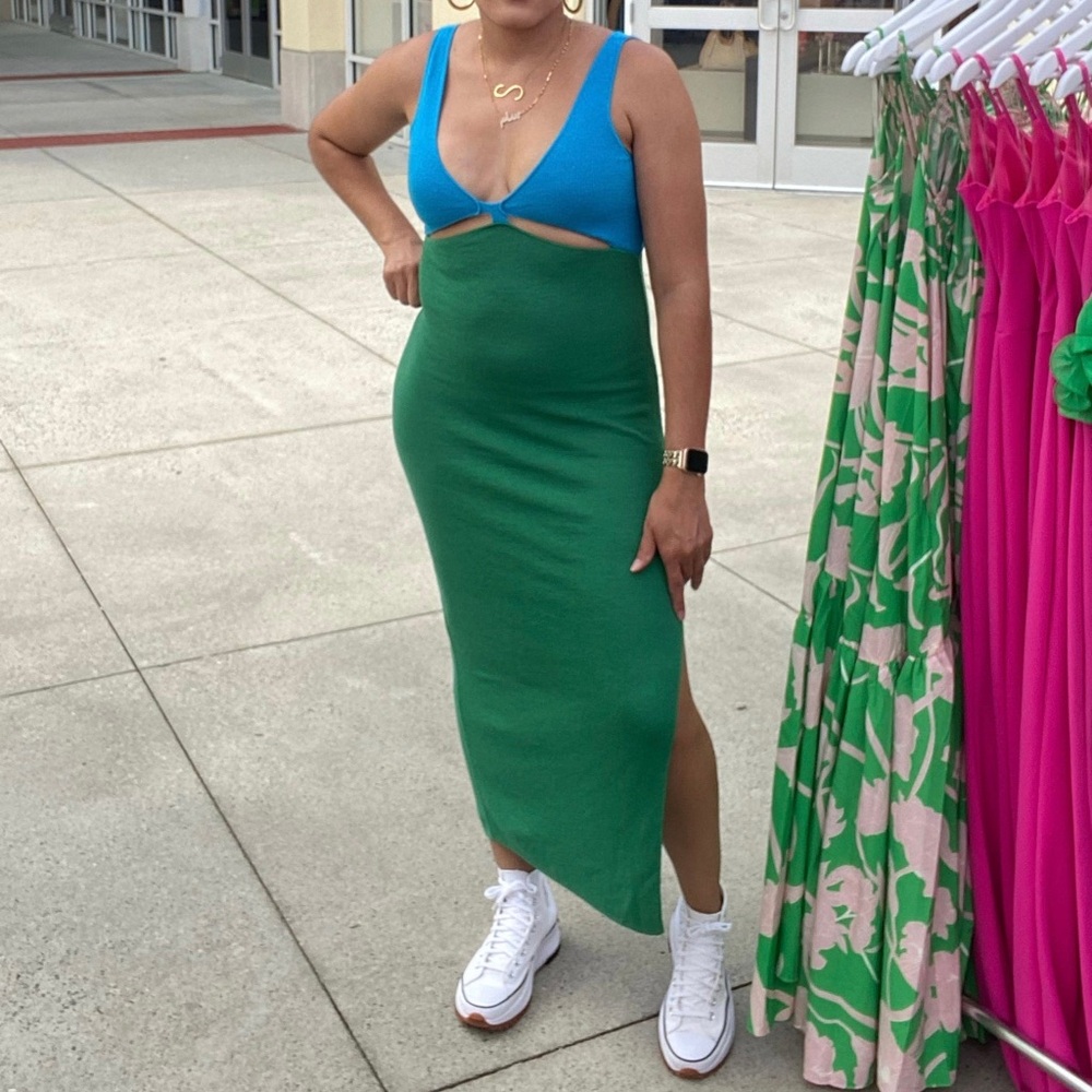 Green and Blue Cutout Midi Dress